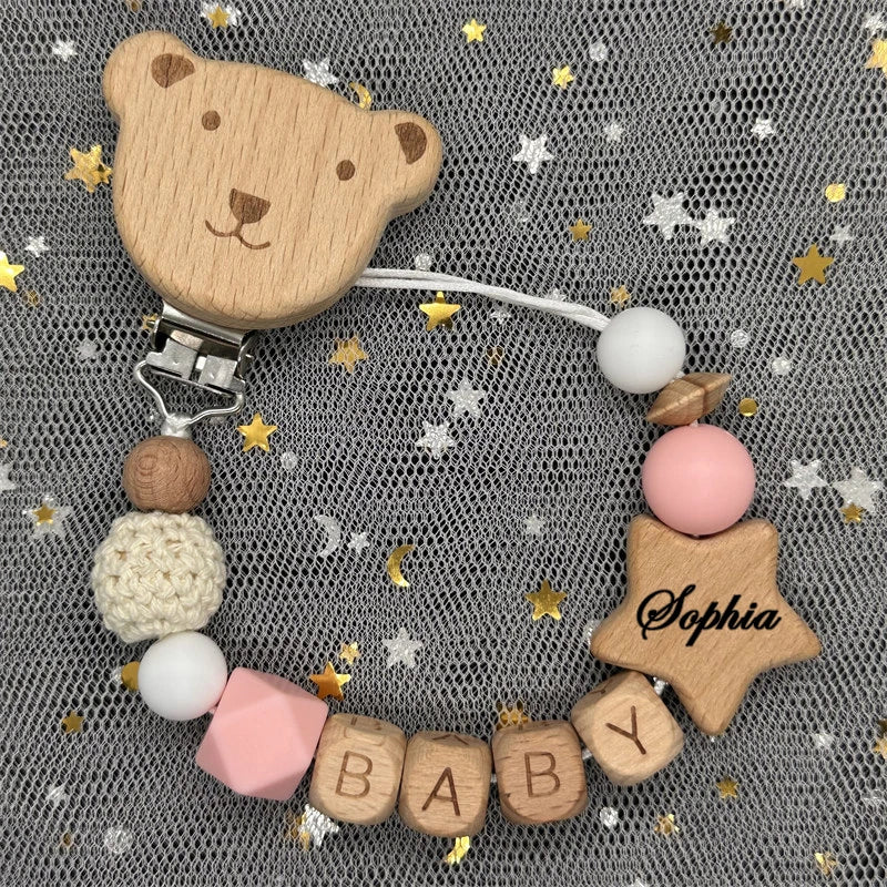 Custom Name Bear Pacifier Clip – Handmade Wooden & Silicone Teether Chain