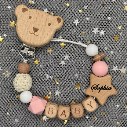 Custom Name Bear Pacifier Clip – Handmade Wooden & Silicone Teether Chain