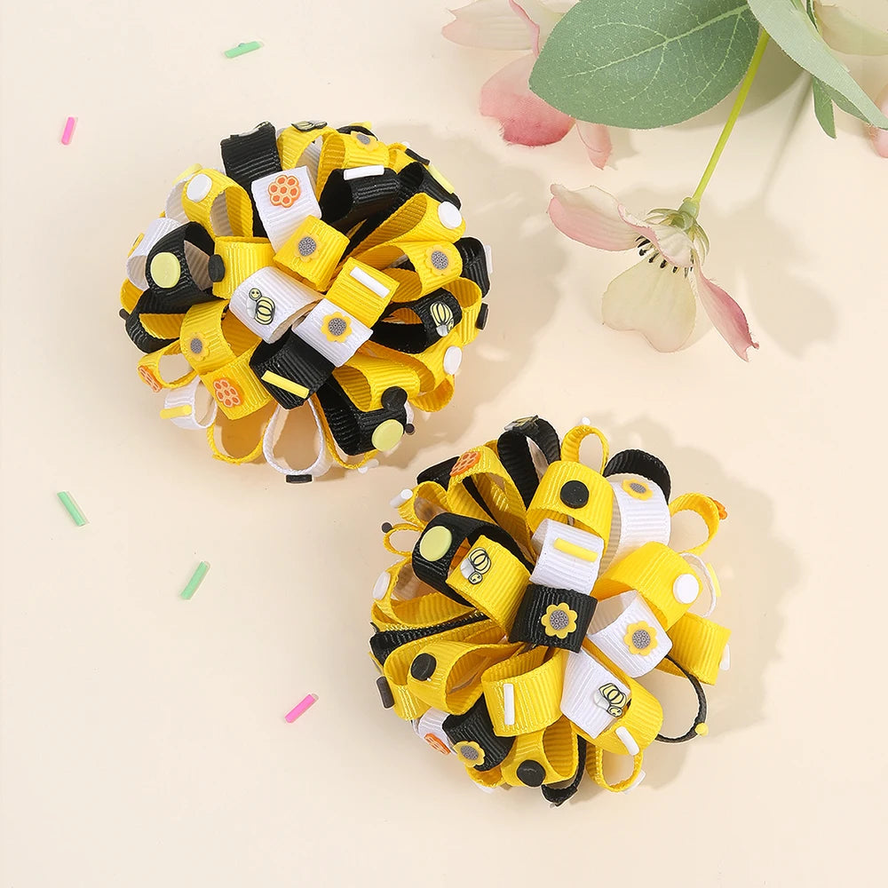2Pcs Rainbow Hydrangea Flower Hair Clips – Kids Ribbon Ponytail Holders