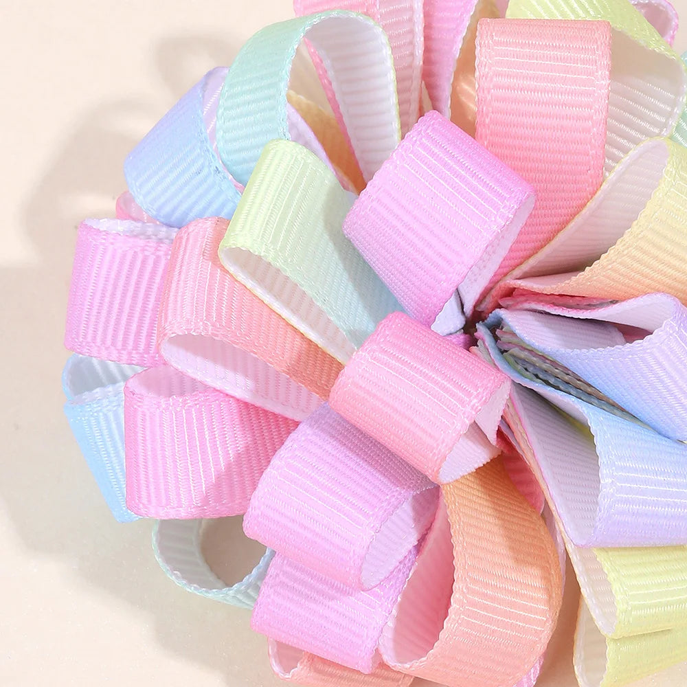 2Pcs Rainbow Hydrangea Flower Hair Clips – Kids Ribbon Ponytail Holders