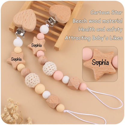 Custom Name Silicone & Wooden Pacifier Clip – Baby Teether Chain