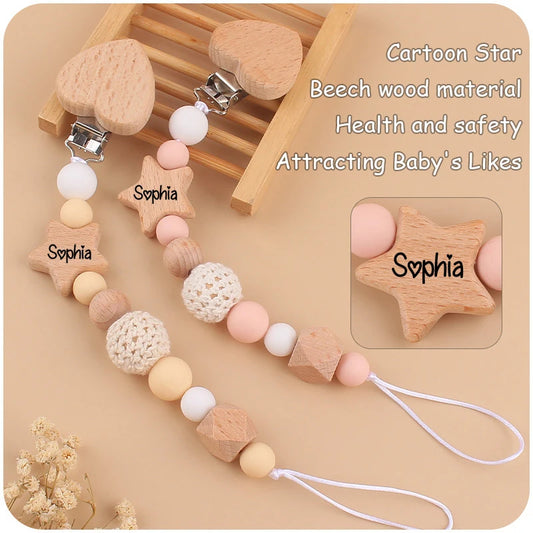 Custom Name Silicone & Wooden Pacifier Clip – Baby Teether Chain