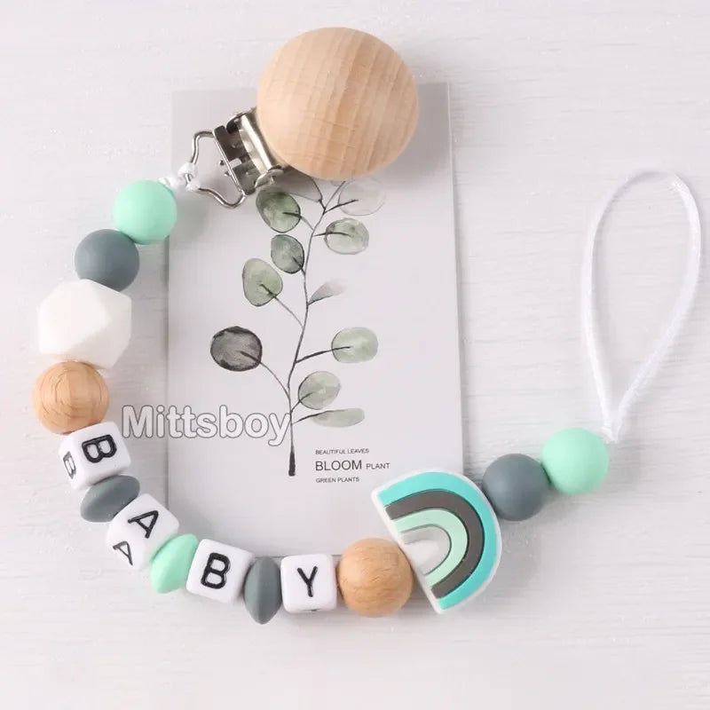 Personalized Rainbow Pacifier Clip – Handmade Beech & Silicone Name Teether Holder