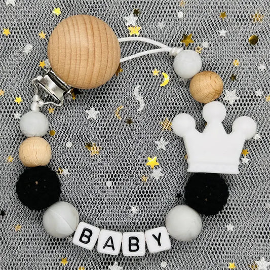 Personalized Rainbow Pacifier Clip – Handmade Beech & Silicone Name Teether Holder