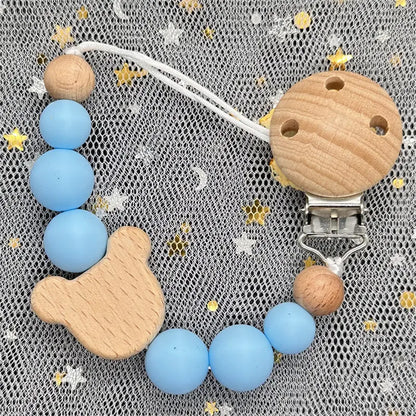 Custom Name Bear Pacifier Clip – Handmade Wooden & Silicone Teether Chain
