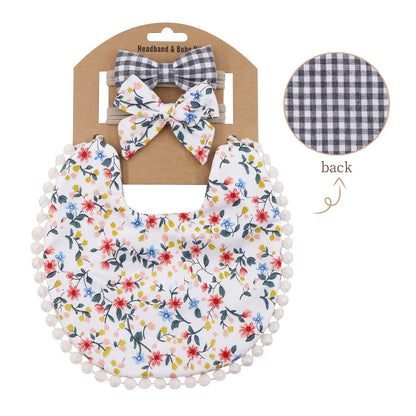 Floral Cotton Linen Baby Bib with Matching Headband – Double-Layer, Reversible Bandana Bib