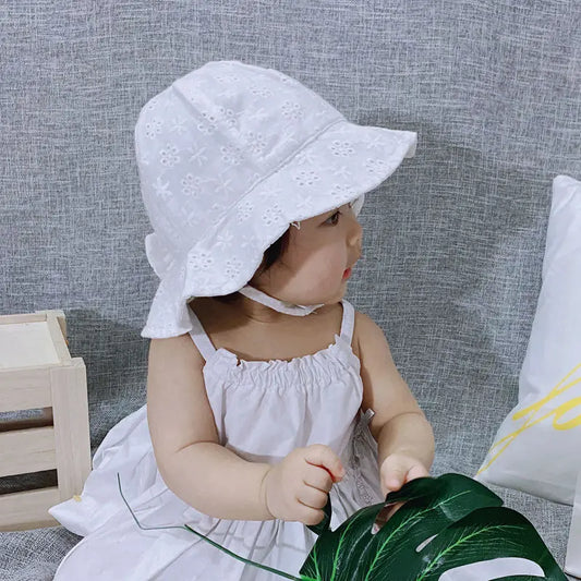 Embroidered Flower Baby Girl Bucket Hat – Cotton Sun Cap with Bow