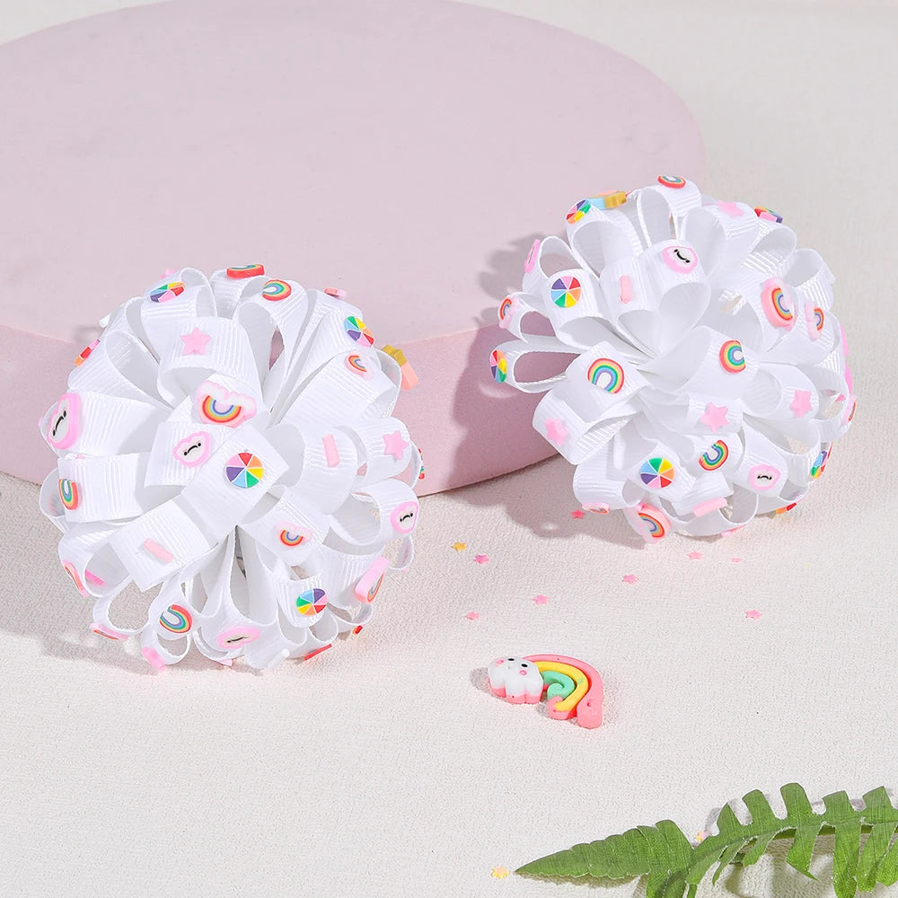 2Pcs Rainbow Hydrangea Flower Hair Clips – Kids Ribbon Ponytail Holders