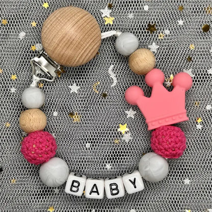 Personalized Rainbow Pacifier Clip – Handmade Beech & Silicone Name Teether Holder