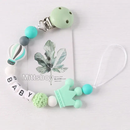 Personalized Rainbow Pacifier Clip – Handmade Beech & Silicone Name Teether Holder
