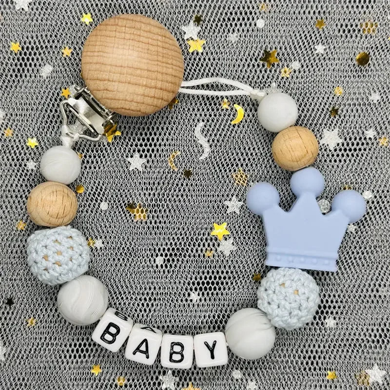 Personalized Rainbow Pacifier Clip – Handmade Beech & Silicone Name Teether Holder