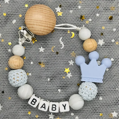 Personalized Rainbow Pacifier Clip – Handmade Beech & Silicone Name Teether Holder