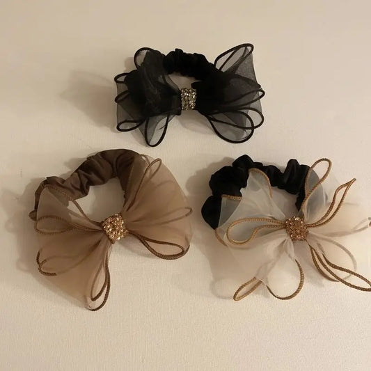 1PC Rhinestone Ribbon Elastic Hair Tie – Net Yarn Marble High Ponytail Band