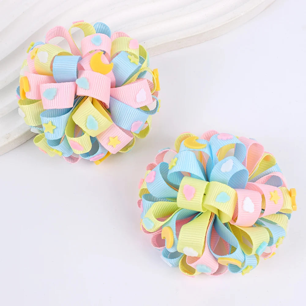 2Pcs Rainbow Hydrangea Flower Hair Clips – Kids Ribbon Ponytail Holders