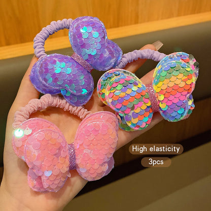 3Pcs Shiny Bow Hair Rings – Colorful Elastic Hair Bands for Girls