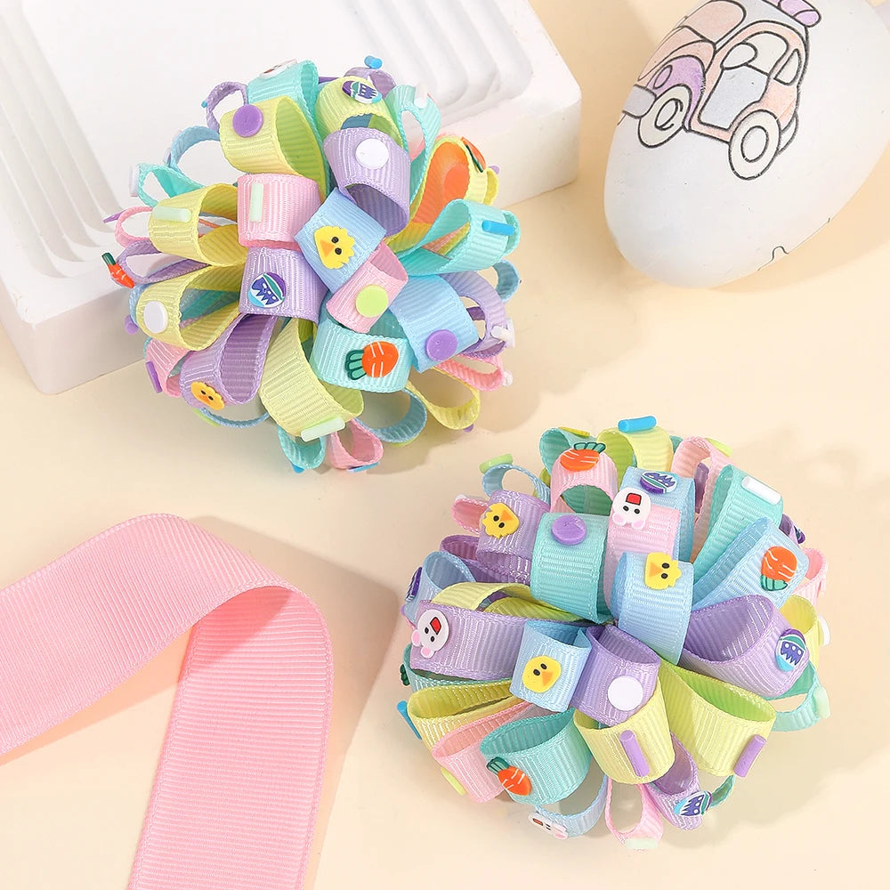 2Pcs Rainbow Hydrangea Flower Hair Clips – Kids Ribbon Ponytail Holders
