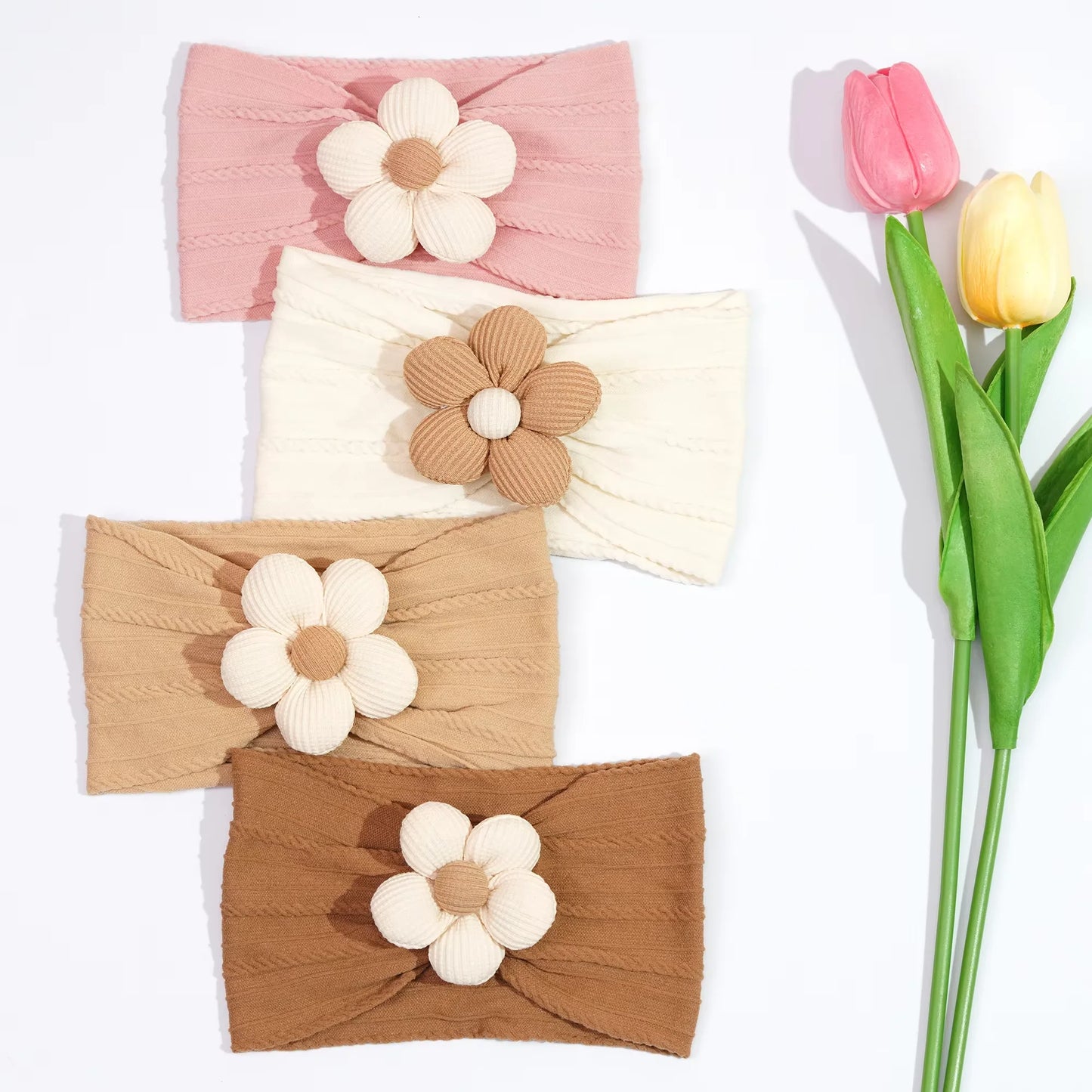 3Pcs Nylon Flower Headbands for Baby Girls – Soft Elastic Knit Turban Bows
