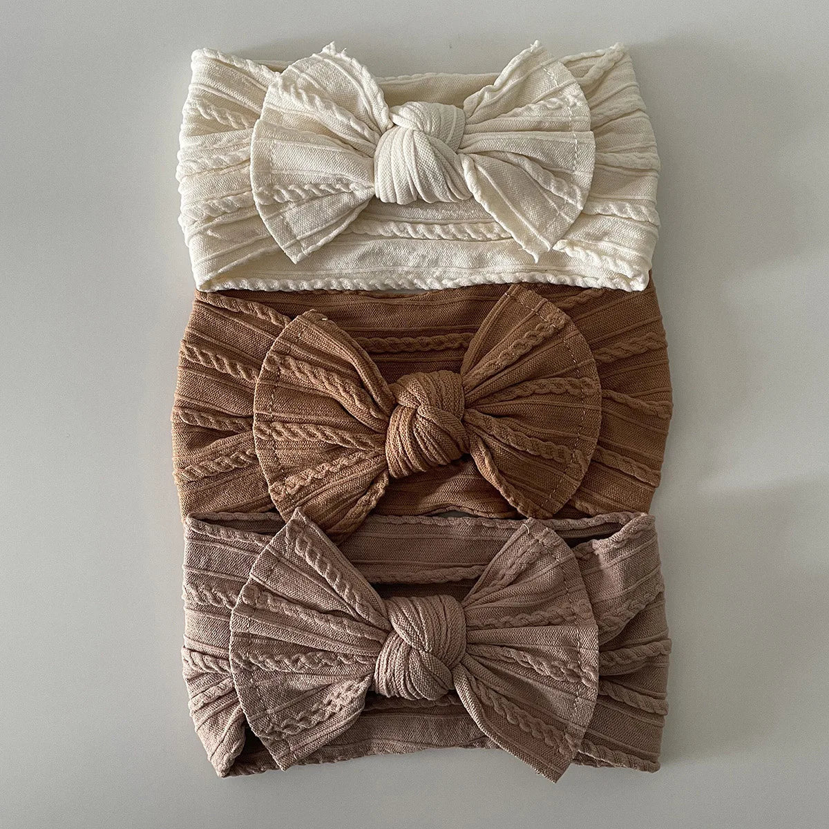 3Pcs Soft Nylon Knot Bow Baby Headbands – Cable Knit Turban Wraps