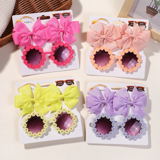 3Pcs Cheer Bow Hairclip & Retro Flower Sunglasses Set – Kids Handmade Hair Accessories