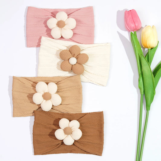 3Pcs Nylon Flower Headbands for Baby Girls – Soft Elastic Knit Turban Bows