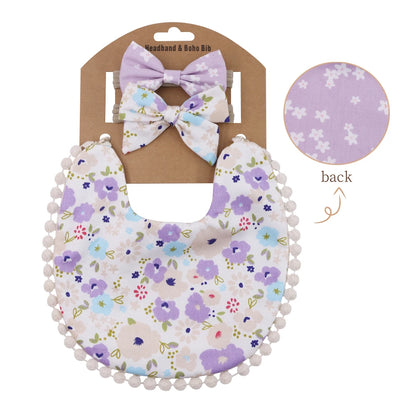 Floral Cotton Linen Baby Bib with Matching Headband – Double-Layer, Reversible Bandana Bib