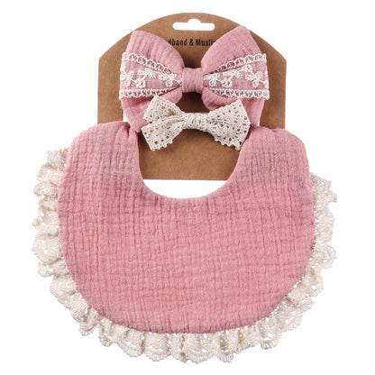 Cotton Muslin Baby Bib Set – Multi-Use Scarf, Headband & Drool Bib with Tassel Trim