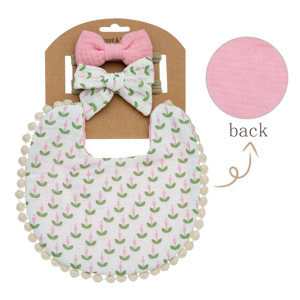 3-Pack Baby Flower Bibs & Bow Headband Set
