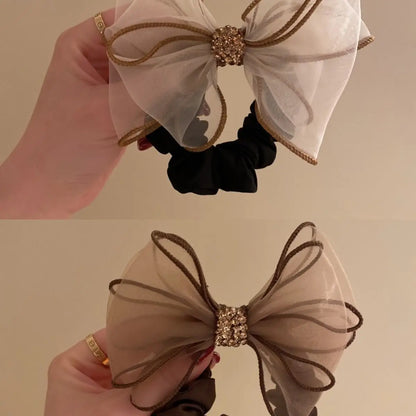 1PC Rhinestone Ribbon Elastic Hair Tie – Net Yarn Marble High Ponytail Band