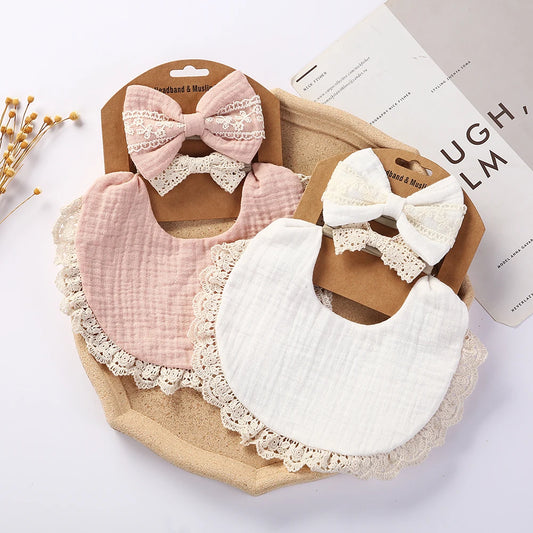 Cotton Muslin Baby Bib Set – Multi-Use Scarf, Headband & Drool Bib with Tassel Trim