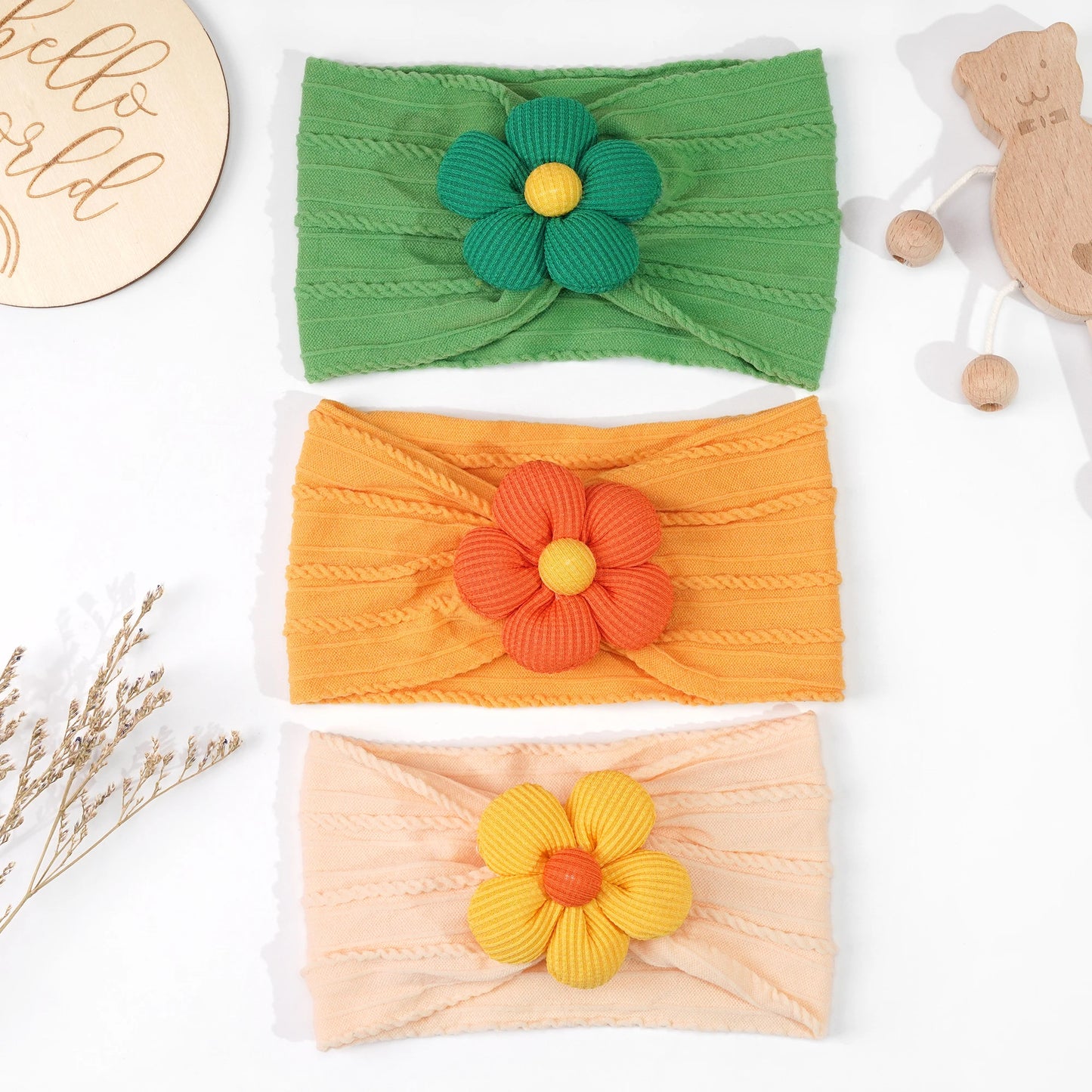 3Pcs Nylon Flower Headbands for Baby Girls – Soft Elastic Knit Turban Bows