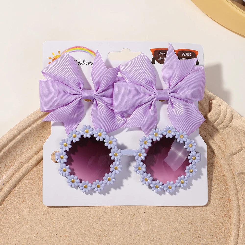 3Pcs Cheer Bow Hairclip & Retro Flower Sunglasses Set – Kids Handmade Hair Accessories