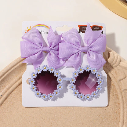 3Pcs Cheer Bow Hairclip & Retro Flower Sunglasses Set – Kids Handmade Hair Accessories