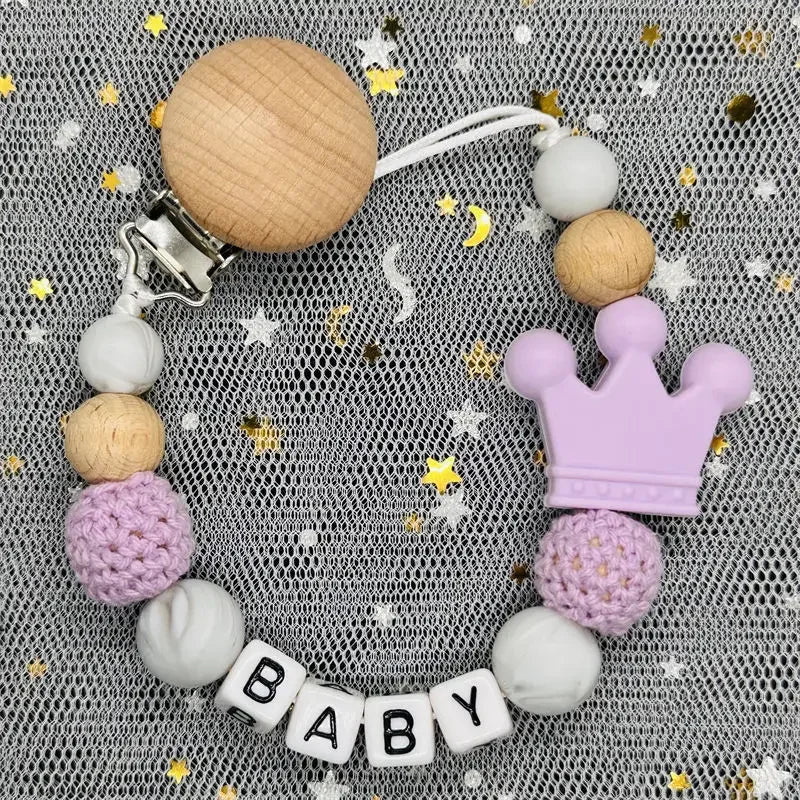 Personalized Rainbow Pacifier Clip – Handmade Beech & Silicone Name Teether Holder