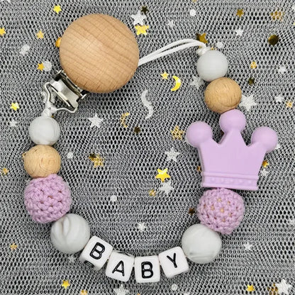 Personalized Rainbow Pacifier Clip – Handmade Beech & Silicone Name Teether Holder