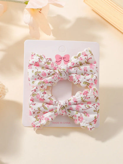 2Pcs Flower Print Bow Hair Clips for Baby Girls – Handmade Plaid Bowknot Hairpins