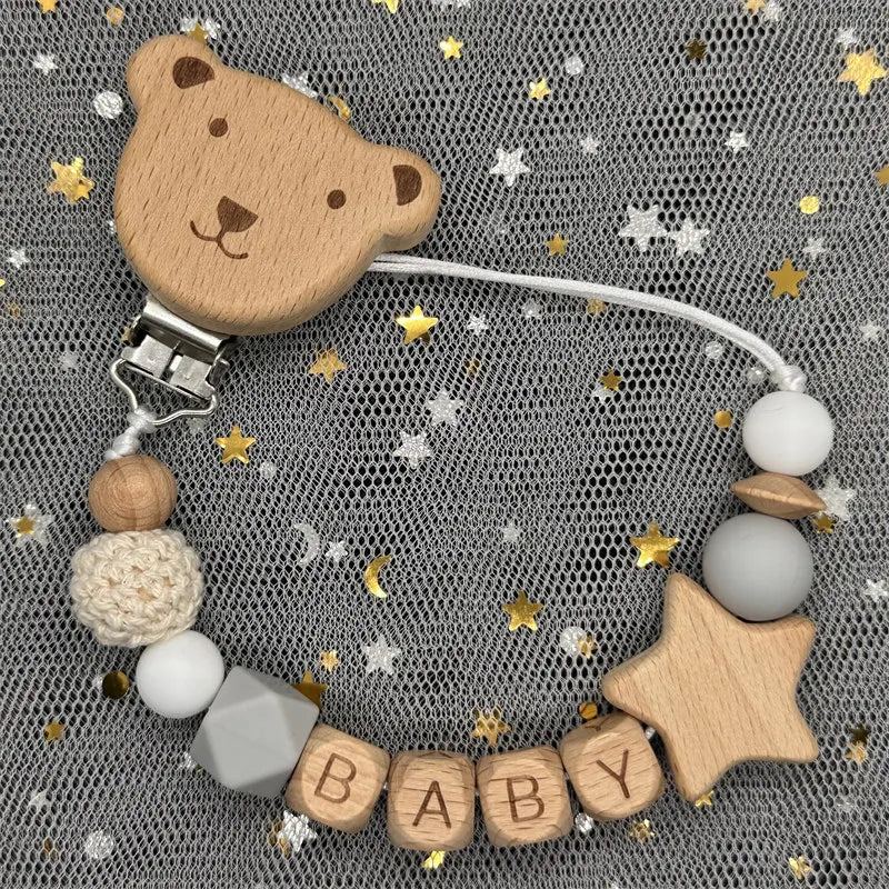 Custom Name Bear Pacifier Clip – Handmade Wooden & Silicone Teether Chain