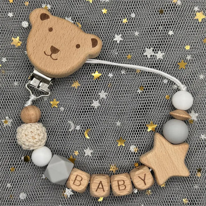 Custom Name Bear Pacifier Clip – Handmade Wooden & Silicone Teether Chain