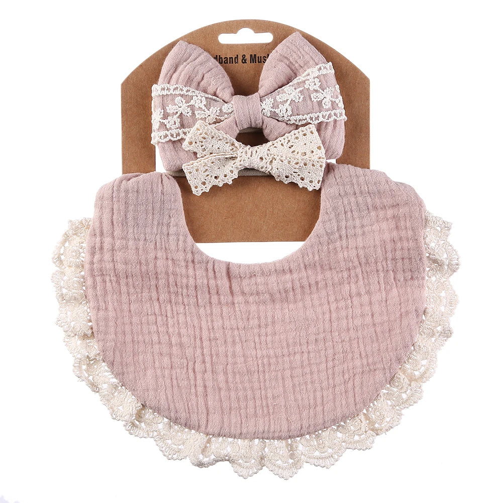 Cotton Muslin Baby Bib Set – Multi-Use Scarf, Headband & Drool Bib with Tassel Trim