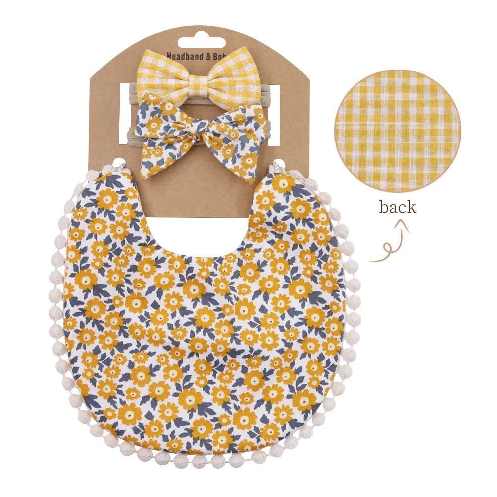 Floral Cotton Linen Baby Bib with Matching Headband – Double-Layer, Reversible Bandana Bib