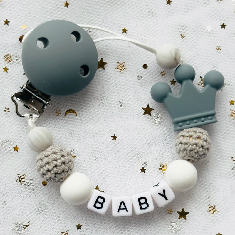 Custom Name Animal Pacifier Clip – Personalized Silicone & Beech Wood Teether Chain