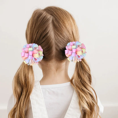 2Pcs Rainbow Hydrangea Flower Hair Clips – Kids Ribbon Ponytail Holders