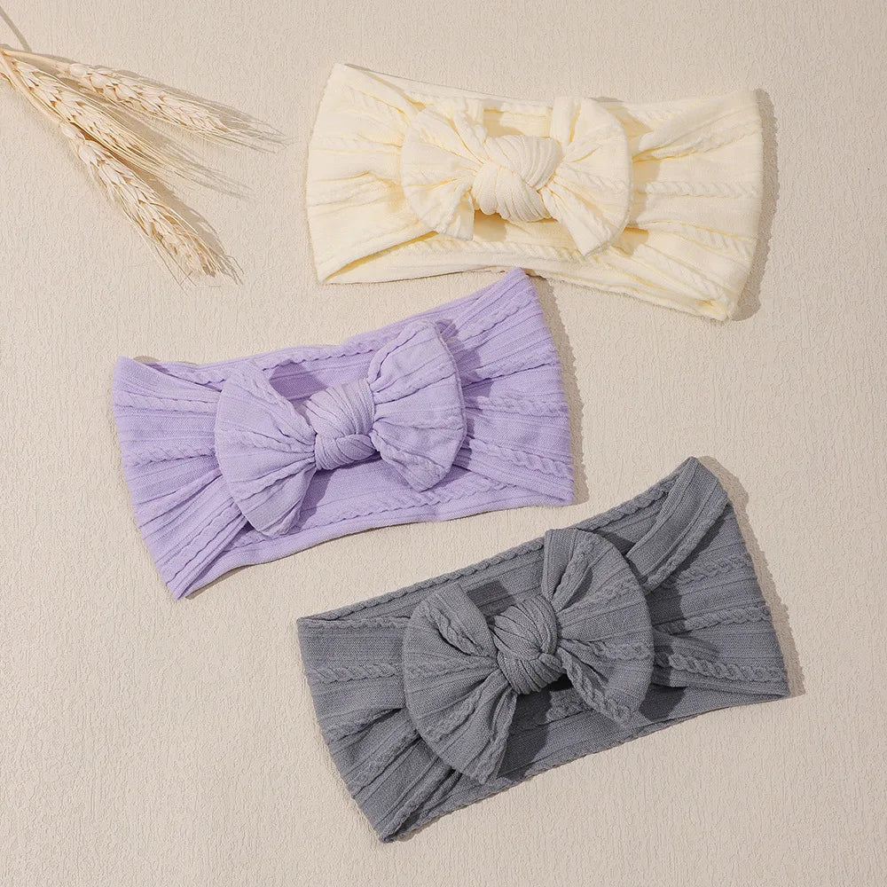3Pcs Soft Nylon Knot Bow Baby Headbands – Cable Knit Turban Wraps