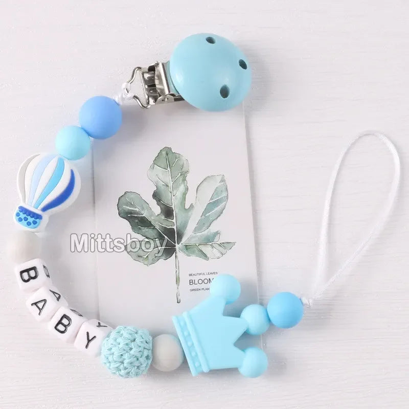 Personalized Rainbow Pacifier Clip – Handmade Beech & Silicone Name Teether Holder