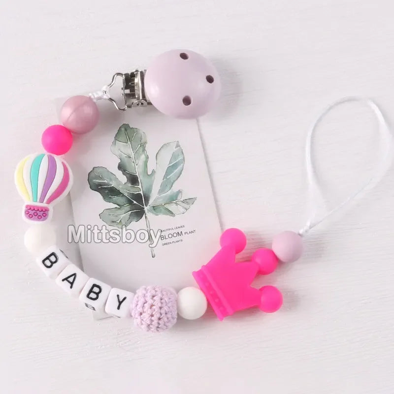 Personalized Rainbow Pacifier Clip – Handmade Beech & Silicone Name Teether Holder