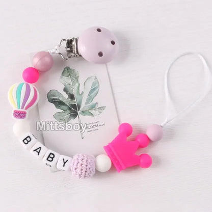 Personalized Rainbow Pacifier Clip – Handmade Beech & Silicone Name Teether Holder