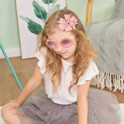 3Pcs Cheer Bow Hairclip & Retro Flower Sunglasses Set – Kids Handmade Hair Accessories