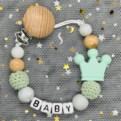 Personalized Rainbow Pacifier Clip – Handmade Beech & Silicone Name Teether Holder
