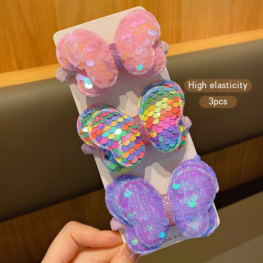 3Pcs Shiny Bow Hair Rings – Colorful Elastic Hair Bands for Girls
