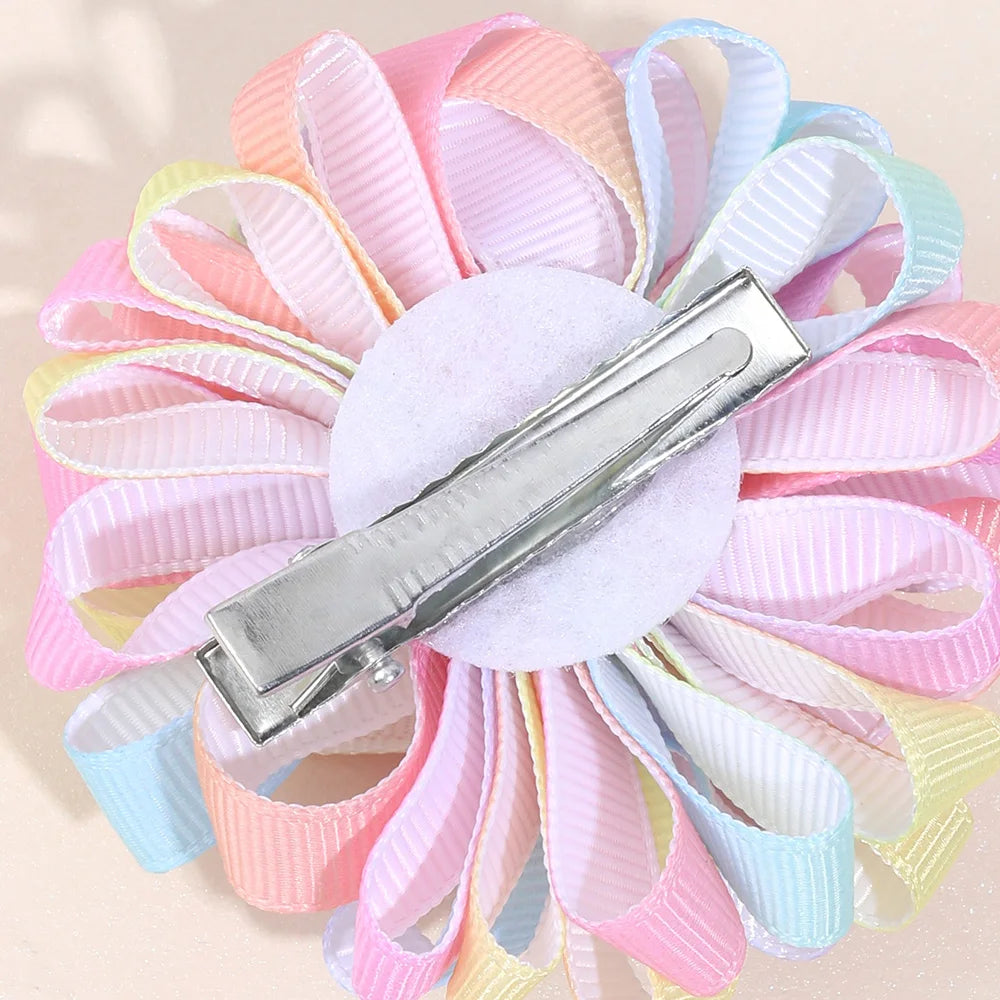 2Pcs Rainbow Hydrangea Flower Hair Clips – Kids Ribbon Ponytail Holders