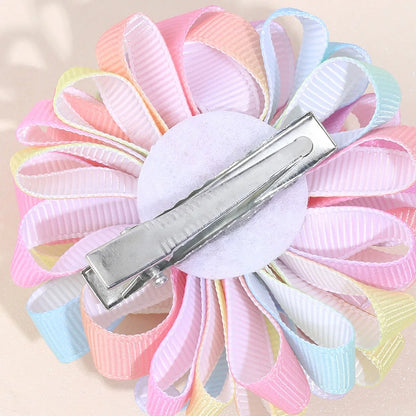 2Pcs Rainbow Hydrangea Flower Hair Clips – Kids Ribbon Ponytail Holders